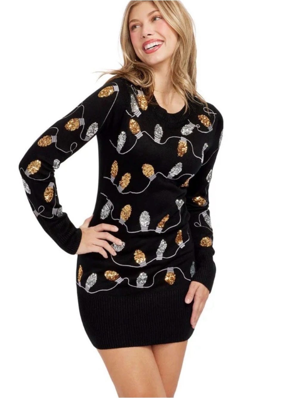 Tipsy Elves black Light Strand Sweater Dress sequin holiday lights L Christmas - Picture 3 of 12